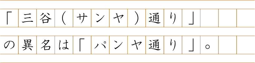 「三谷（サンヤ」通り」の異名は「パンヤ通り」。